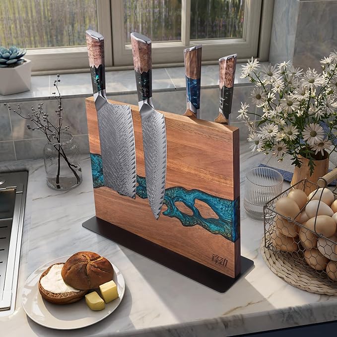 FINDKING Magnetic Knife Block, Double Sided Holder, Powerful Magnet Kitchen Storage, Acacia Wood and Blue Resin (12 x 10 Inches, Without Knives)