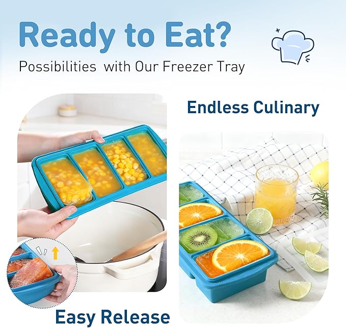 Silicone Freezer Tray with Lid Soup Freezer Container Molds with Steel Reinforced Rim Large Ice Cube Tray Makes 8 Perfect 1 Cup Portions Cubes Storage Food silicone Ice Cube Molds Housewarming Gifts