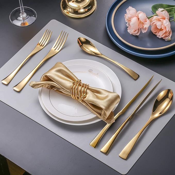 Lemeya 24-Piece Gold Silverware Set with Steak Knives,Forged 18/10 Stainless Steel Cutlery Set for 4,Modern Heavy Duty Flatware Utensils Set,Fork Spoon and Knives Set, Mirror Polished,Dishwasher Safe