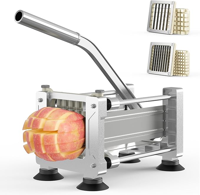 Sunvivi French Fry Cutter Stainless Steel Potato Slicer : with 2 Replaceable blades (1/2 & 3/8 Inch), Professional Fries Cutter for Potatoes, Carrots, Cucumber, Onion, Yam
