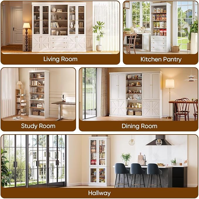 70.8" Tall Farmhouse Kitchen Pantry Cabinet, Modular Storage Cabinet with 6-Tier Adjustable Shelves, White, Wooden Hutch for Living Room, Kitchen, Set of 3