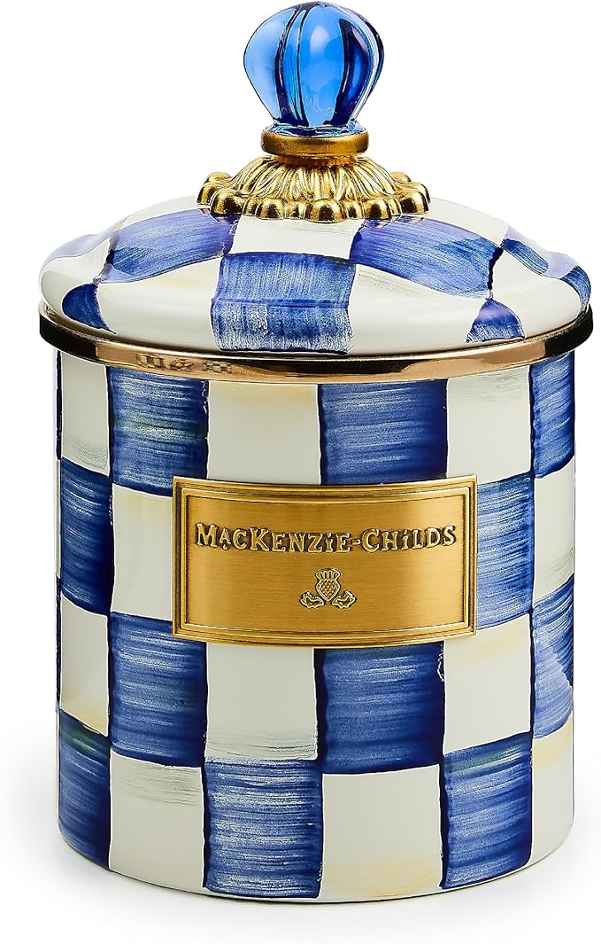 MACKENZIE-CHILDS Small Enamel Canister, Kitchen Storage Container for Flour and Sugar, 1.13 Liters, Blue-and-White Royal Check