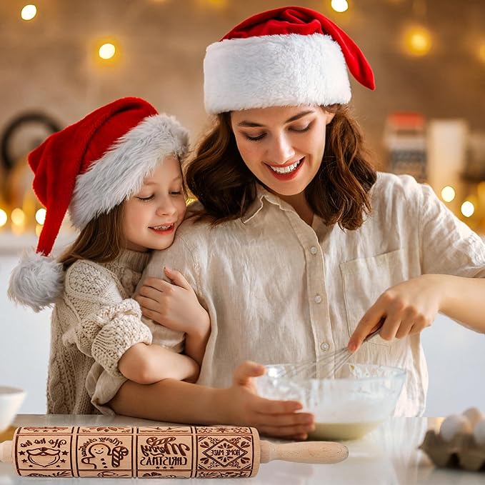17" Premium Wooden Rolling Pins for Baking with XMAS Embossed Designs | 3mm Deep Springerle Cookie Molds | Christmas Rolling Pin & Baking Gifts for Women | Includes 3-in-1 Cleaning Brush