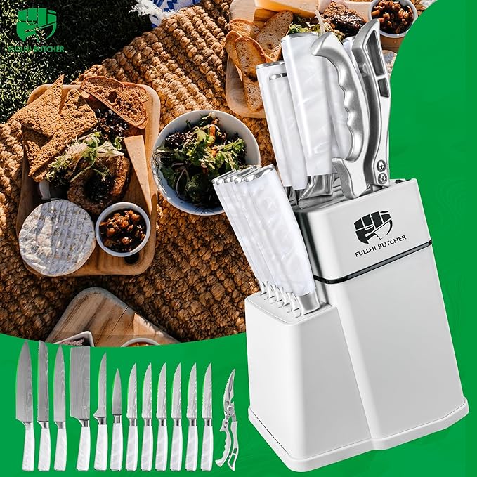 FULLHI 14pcs Block Knife Set, Chef's Knife Steak Knives Set with Block and Sharpener, Kitchen Knife Set, Multi-colour Handle, Gifts for Men Women