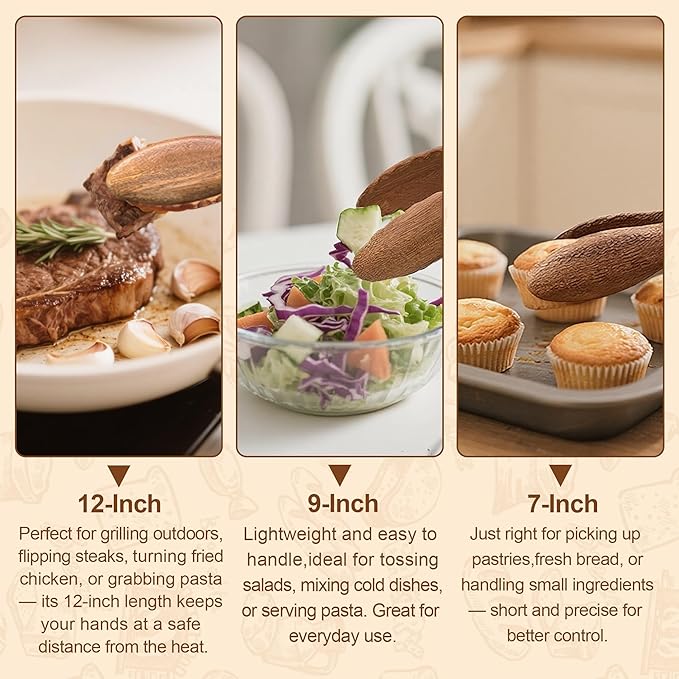 Wooden Tongs for Cooking, Multi-Purpose for Tossing Salads, Grilling, Flipping Food & Serving Bread - Strong Grip Walnut Wood Tips, Heat Resistant & Non-Deforming (12inch)