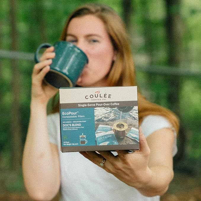 Coulée EcoPour She Devil Coffee, Single Serve Pour Over Arabic Coffee, Medium Roast, Use for Camping or Traveling, Pre Filled Compostable Filters, Ready to Brew with Hot Water, 20 Pack