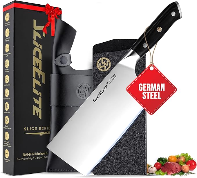 SliceElite Slice Series 7 Inch Cleaver Knife High Carbon German Steel Blade Pakkawood Handle Dual Sheath Sharp Butcher Knife Kitchen Chopper Bone Cutter Meat Slicer Vegetable Knife BBQ Butcher Cleaver