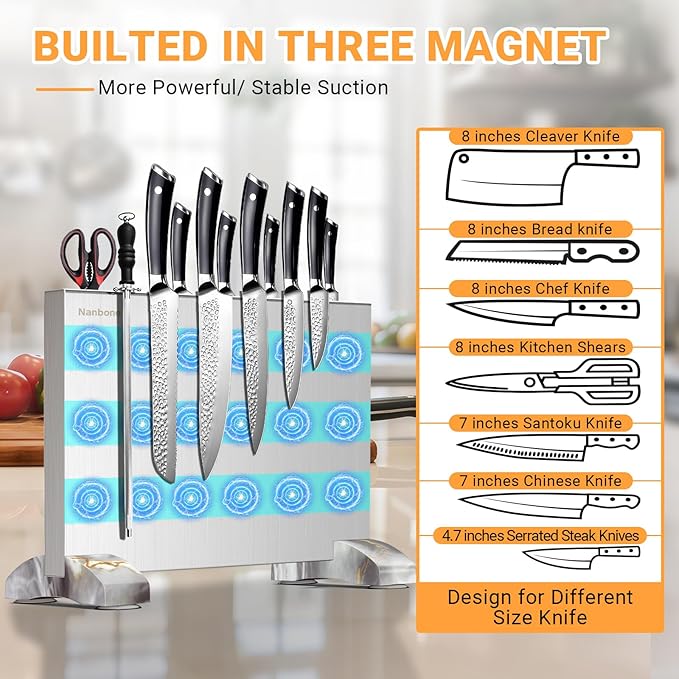 Magnetic Knife Block Without Knives, Stainless Steel Magnetic Knife Holder Stand with Strong Knife Magnet, Double-Sided Knife Magnetic Strip Knifes Storage Organizer for Kitchen Counter Top