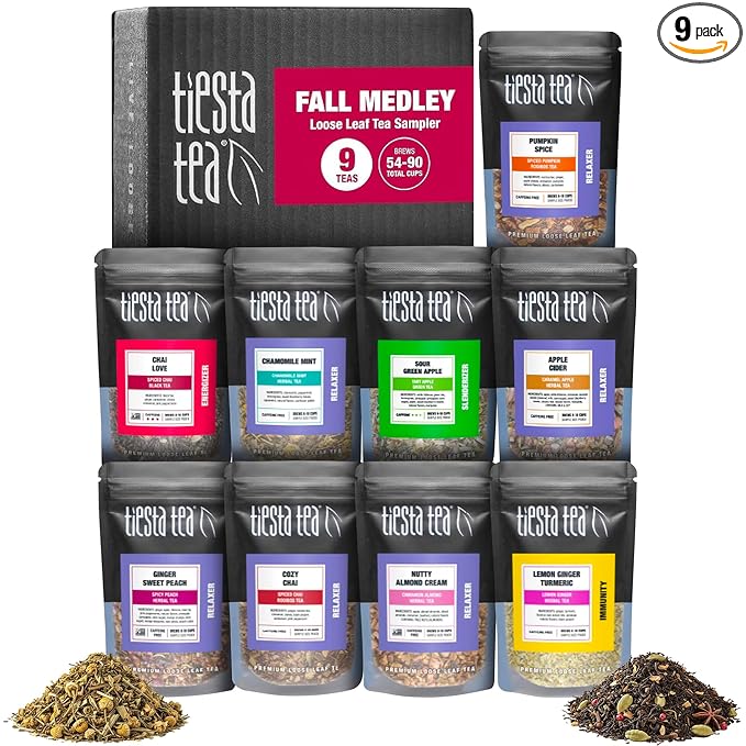 Tiesta Tea Fall Medley Dry Flight Set Sampler Set - Loose Leaf Tea, No Caffeine, Perfect Hot or Iced, Assorted Brew Set With Herbal, Black, Chai, Fruit Blends, & More - 9 Resealable Pouches