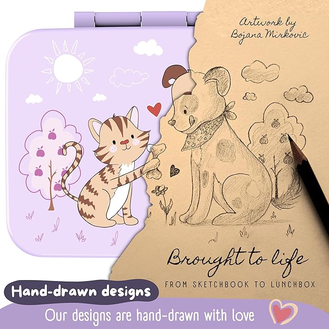 BEARFOOT Kids Lunch Box with Compartments – Compact & Lightweight | Leak-Proof, BPA-Free, Dishwasher & Microwave Safe | Hand-Drawn Design for Preschool, School, Travel (Dog & Cat Purple, 4 Cups)