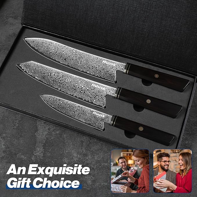 Huusk Damascus Kitchen Knife Set - 3 PCS Chef Knife Set Professional, Razor Sharp 67 Layers Damascus Japanese Knives Set for Kitchen with Wood Handle, Ideal Gift for Dad
