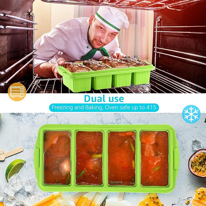 Silicone Freezer Tray With Lid - Silicone Freezer Food Molds- Large Ice Cube Tray,Silicone Freezer Container,Freeze & Store Soup, Sauce, Broth,Leftovers - Makes 4 Perfect 1 Cup