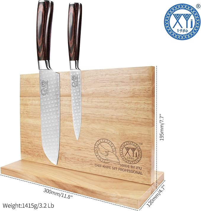 XYJ Authentic Since 1986, Magnetic Knife Block, Double Side Kitchen Knife Holder, Natural Wood, Knife Cutlery Display Stand, Organizer Storage Rack for Home Kitchen