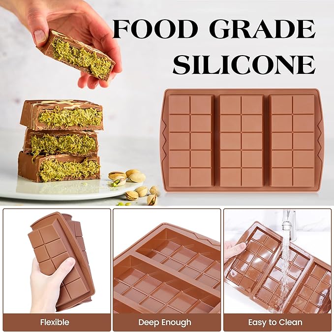 4 Pcs Chocolate Bar Mold Deep Dubai 0.85 Inch Stuffed Chocolate Molds Silicone Large Break Apart Silicone Molds (10 Snap + Pyramid)