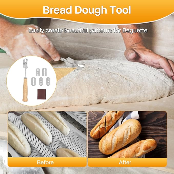 Baguette Pan, Baguette Bread Pan Perforated, Nonstick French Bread Baking Pan 3 Loaves with Proofing Cloth, Dough Cutter Kit for Home Baker, Baguette Tray 15x11 Inch Silver Bread Pan