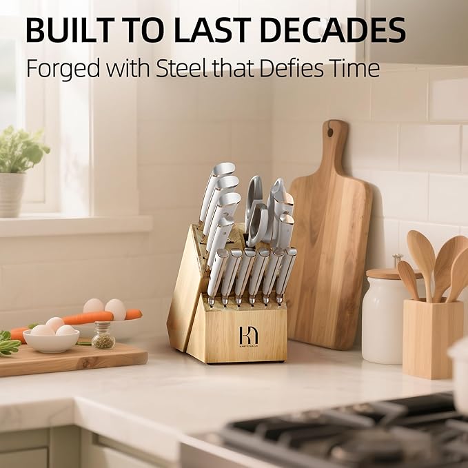 Knife Set Premium, Japanese 15 Pcs High Carbon Stainless Steel Kitchen Knife Block Set with Sharpener, Razor Sharp Knives Set for Kitchen with Natural Wood Block, Long-Lasting Edge
