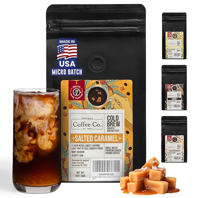 Inspired Coffee Co Salted Caramel Flavored Cold Brew Coffee Coarse Ground Coffee Beans Medium Roast - Low Acid Coffee Smoother Taste - 100% Arabica - 12 oz. Resealable Bag
