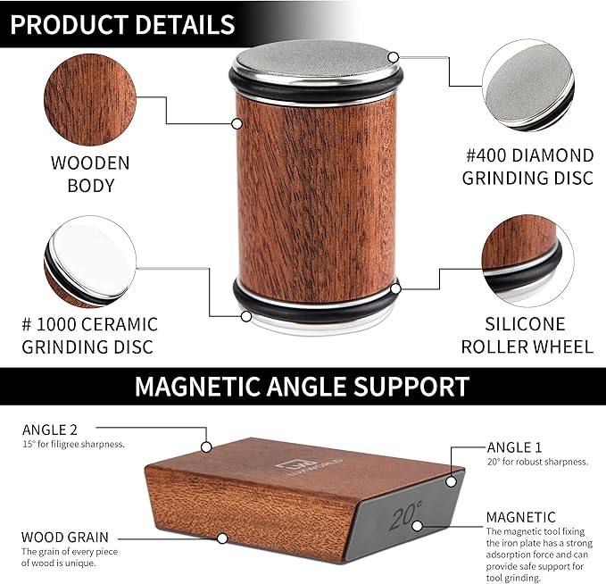 Rolling Knife Sharpener For Fine & Sharp Knife Sharpening | Professional & Pocket Knife Sharpener With Diamond & Ceramic Discs | 15 & 20 Degree Magnetic Angle (Brown)