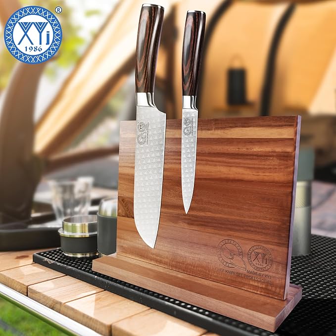 XYJ Authentic Since 1986, Magnetic Knife Block, Double Side Kitchen Knife Stand, Acacia Wood, Magnetic Knife Holder with Strong Enhanced Magnets,Knives Storage Rack Stand for Home Kitchen