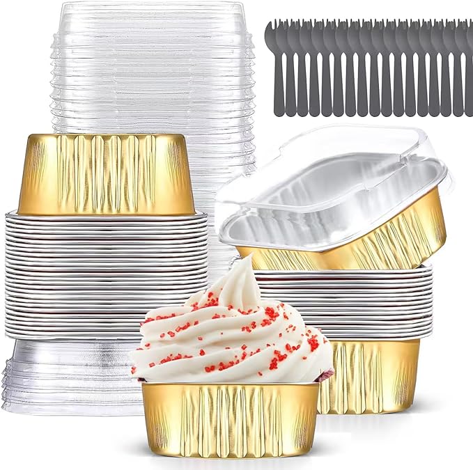 Mini Cake Pans With Lids (10oz,40 Pack) Aluminum Foil Square Cupcake Liners Brownie Baking Cups,Disposable 4”x4” Large Cupcake Pan,Jumbo Muffin Tin Ramekins Holders