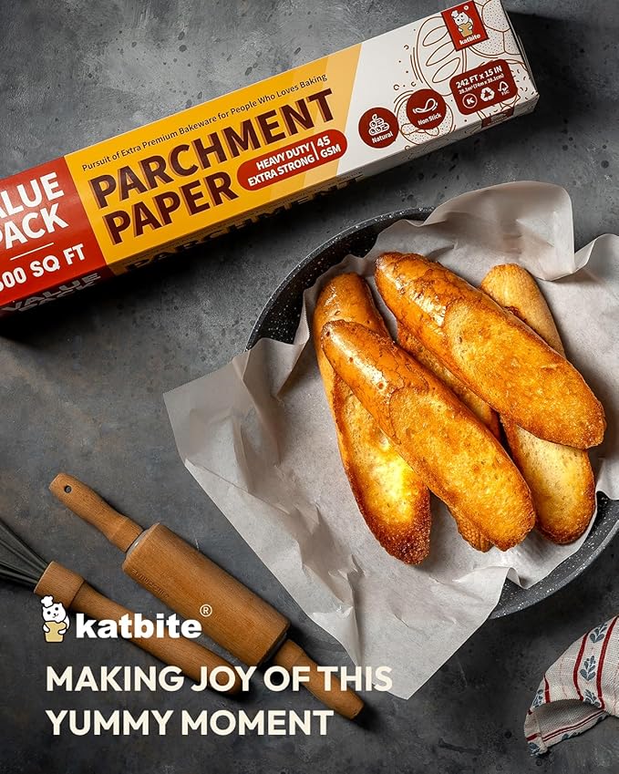 Katbite 15in x 242ft, 300 Sq.Ft Value Pack Parchment Paper Roll for Baking, Parchment Baking Paper with Serrated Cutter, Heavy Duty & Value Pack Roll for Cooking, Air Fryer, Steaming, Bread