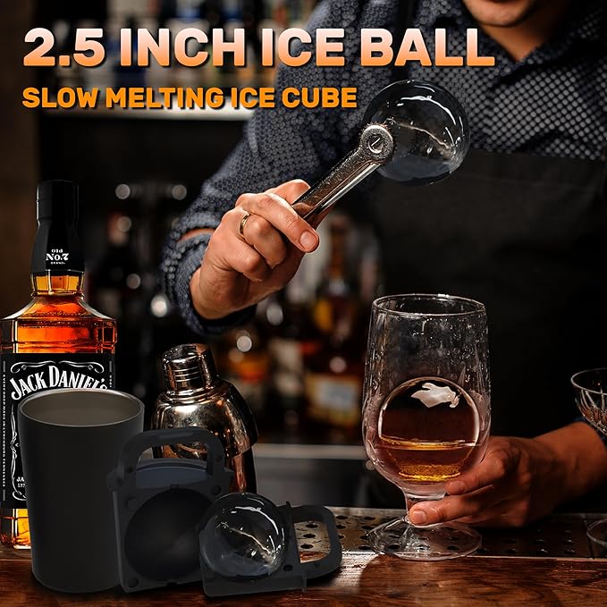 Clear Ice Cube Maker Tray – 2.5 Inch Large Round Ice Ball Mold, Stainless Steel & Silicone, Slow Melting Clear Sphere Ice for Whiskey, Cocktails, and Home Bar Use (Black-2 Pack)