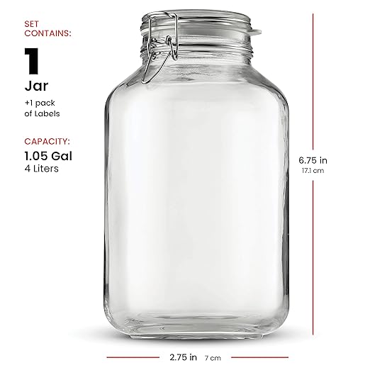 Bormioli Rocco Glass Fido Jars - 135.¼ Ounce - 4 Liter, with hinged hermetically Sealed Airtight lid for Fermenting, Canning, Preserving, With Exclusive Paksh Novelty Chalkboard Labels Set (1 Pack)