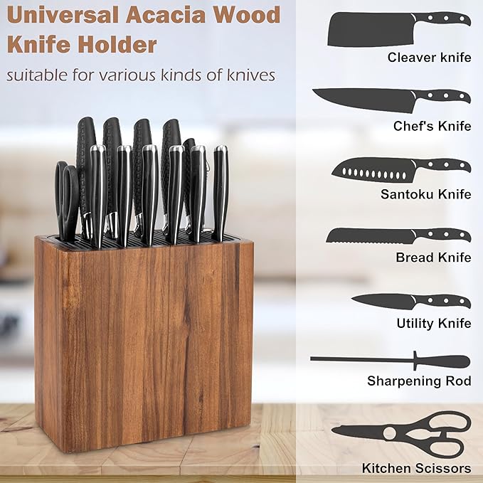 RedCall Acacia Wood Knife Holder Block,Large Universal Knife Block without knives,Wooden Kitchen Knife Block for Countertop,Knife Holder Organizer with Slots for Scissors and Sharpening Rods Storage
