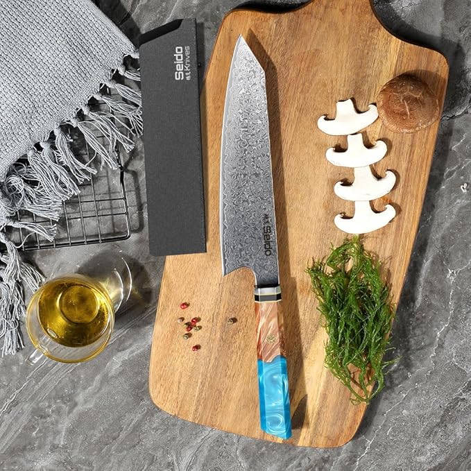 Seido Knives Kiritsuke Damascus Steel Chef Knife Epoxy Resin Stabilized Wood Handle Professional Kitchen Knife VG10 High Carbon Stainless Steel, Sky Blue