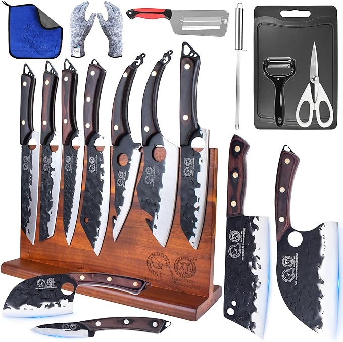 XYJ Knife Block Set, High Carbon Steel Blades, Kitchen Knives Set with Block, Cutting Board, Sharpening Steel, Scissors, Gloves, Mini Knife, Towel, Full Tang Knives, Pakkawood Handle