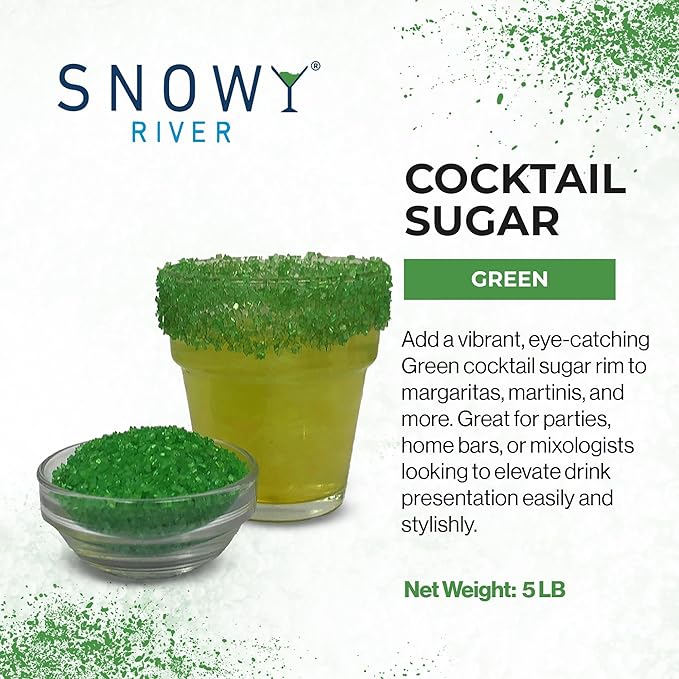 Snowy River Holly Green, Cocktail & Margarita Sugar Rimmer - Vibrant Naturally Colored Sugar for Cocktail Rimming, Baking & Decorating, Medium Crystal - 80oz