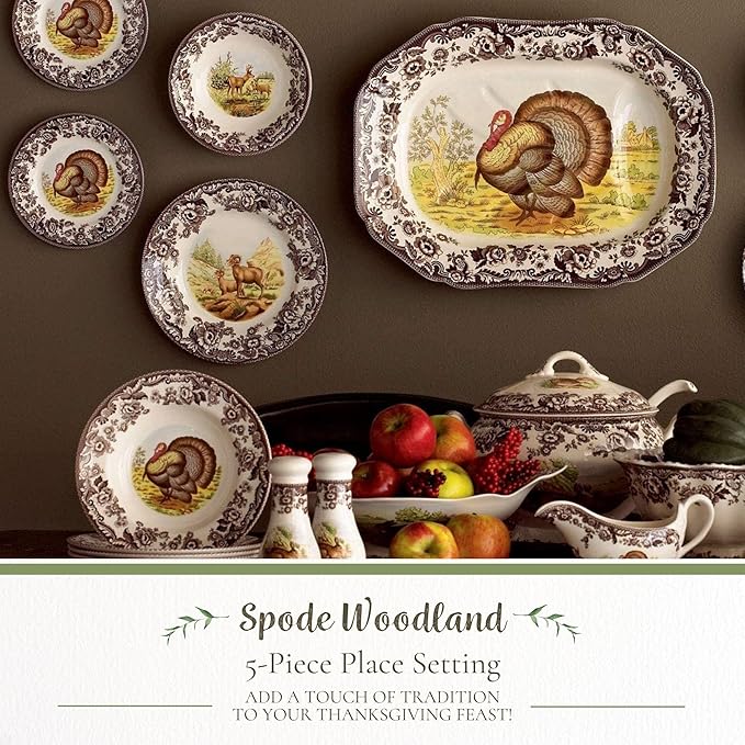Spode Woodland 5-Piece Thanksgiving Dinnerware Set - Porcelain Plates & Teacup and Saucer, Fall Dinnerware Collection - Microwave & Dishwasher Safe - Elegant Autumn Tableware