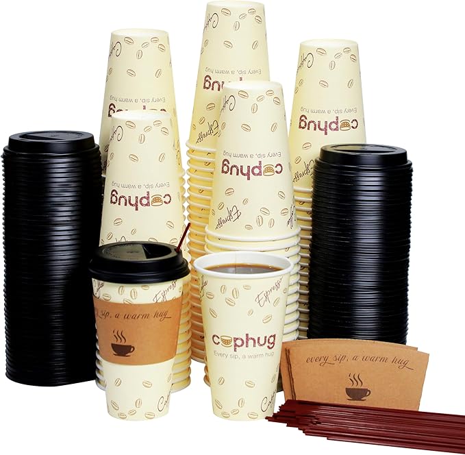 100 Pack 16 oz Coffee Cups,Disposable Hot Drink Paper Cups with Lids & Sleeves - 16 Ounce Party Cups Perfect for Hot Beverages, Party, Office, and Home Use