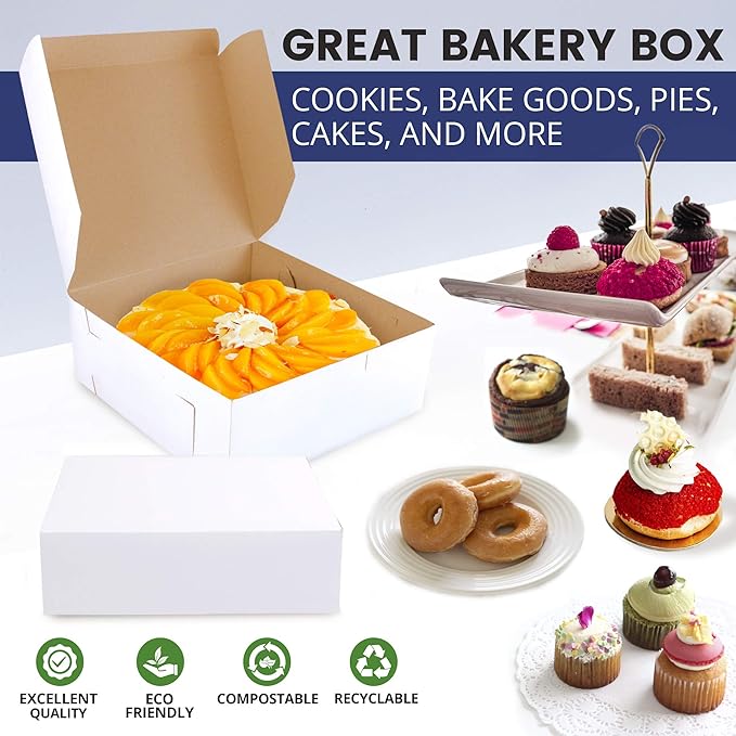 Fit Meal Prep 250 Pack White Bakery Boxes, 7 x 7 x 3 Inches Kraft Lined Pastry Boxes - Perfect for Cupcakes, Chocolates, Donuts and More