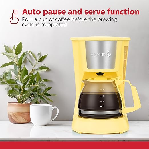 Holstein Housewares 5 Cup Drip Coffee Maker – Compact and User-Friendly with Auto Pause & Serve, Reusable Filter, Measuring Spoon & Glass Carafe, Office & Dorm Use, Yellow