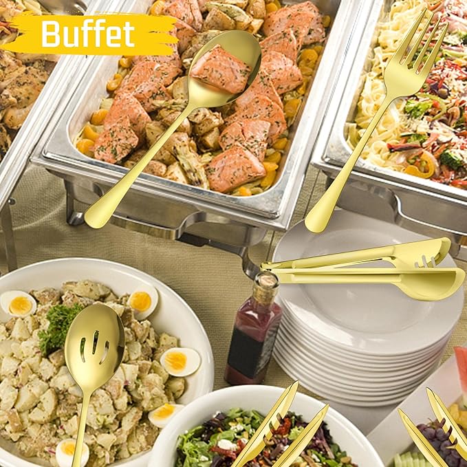 Large Gold Serving Utensils Set of 8, E-far Stainless Steel 9.8 Inch Serving Spoons Slotted Spoon, 9.9 Inch Forks, 9.4 Inch Tong for Buffet Catering, Mirror Finish & Dishwasher Safe
