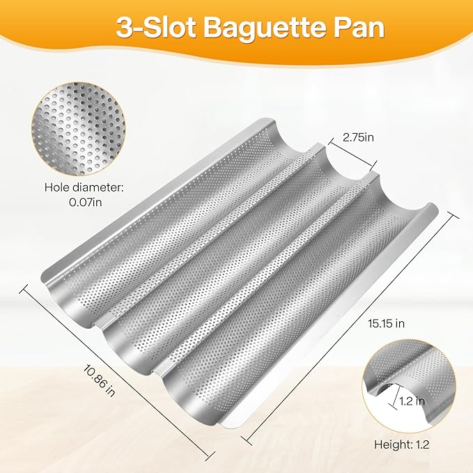 Baguette Pan, Baguette Bread Pan Perforated, Nonstick French Bread Baking Pan 3 Loaves with Proofing Cloth, Dough Cutter Kit for Home Baker, Baguette Tray 15x11 Inch Silver Bread Pan