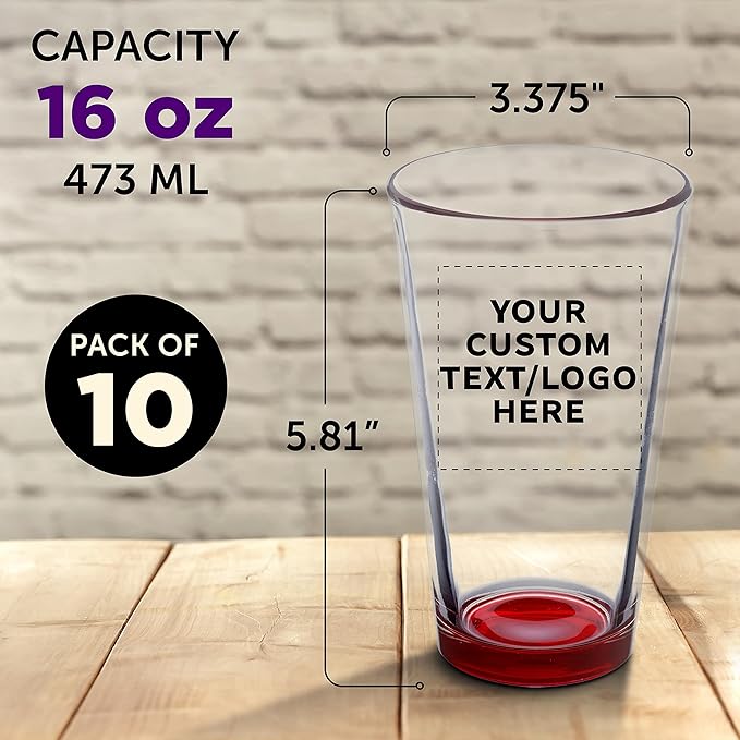 Custom Libbey Pint Glass 16 oz. Set of 10, Personalized Bulk Pack - Beer Glasses, Heavy Duty Drinkware - Red