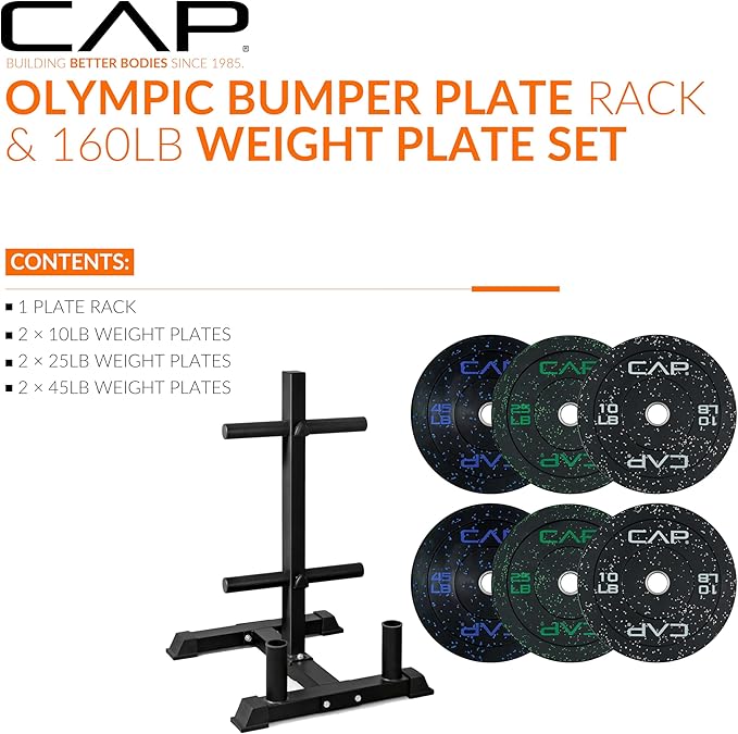 CAP Barbell 2-Inch Olympic Bumper Plate Weight Set with 6 Post Rack | 100-370 lbs | Multiple Options