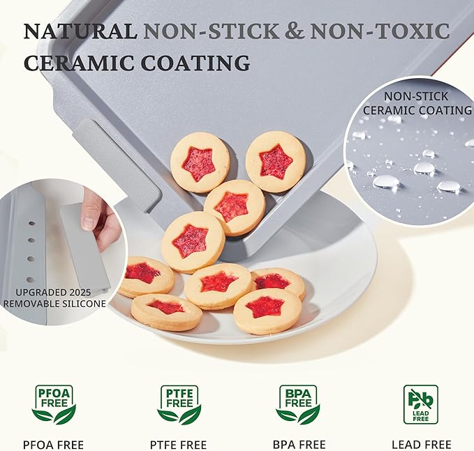 BRONYPRO Non Stick Ceramic Baking Sheet Pan Set of 3, Natural Non Toxic Cookie Sheets for Baking - PFOA, PTFE Free, Aluminized Steel Oven Trays for Cooking with Silicone Handles, Light Gray