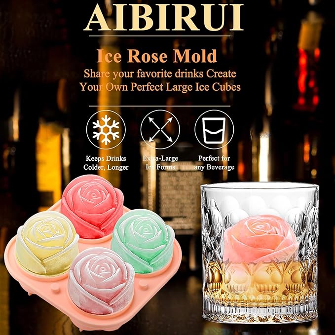 2 INCH Fun Shapes,Rose Ice Cube Mold,Rose Gift Ice Ball Maker Mold | Silicone Ice Cube Tray,Whiskey Ice Cubes Mold,Bourbon Ice Cube Molds Slow Melting Ice for Whiskey,Cocktails&Old Fashioned