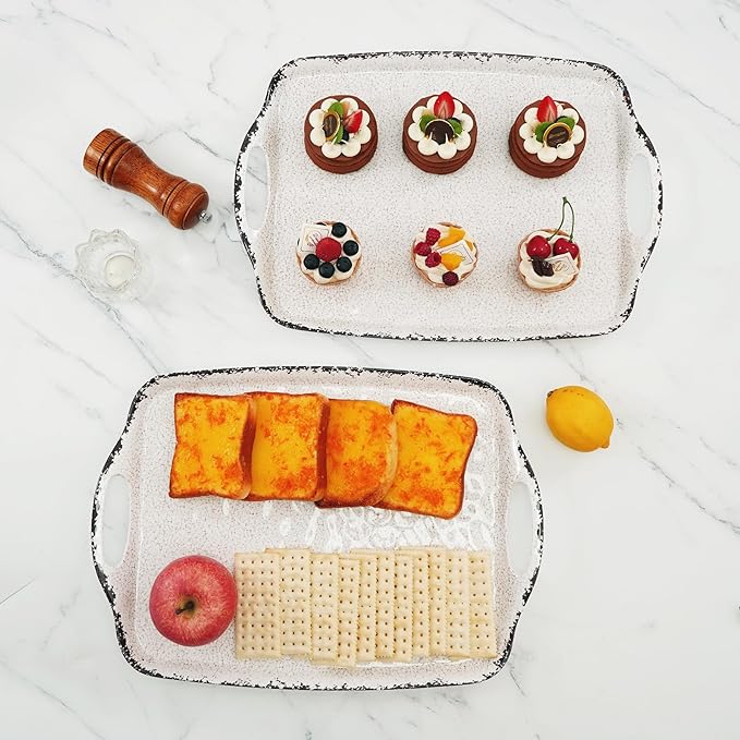 TP Serving Trays with Handles, 17 x 12 Inch Melamine Serving Platters for Food, Meat, Set of 2 Rectangular Trays for Eating, Rustic White