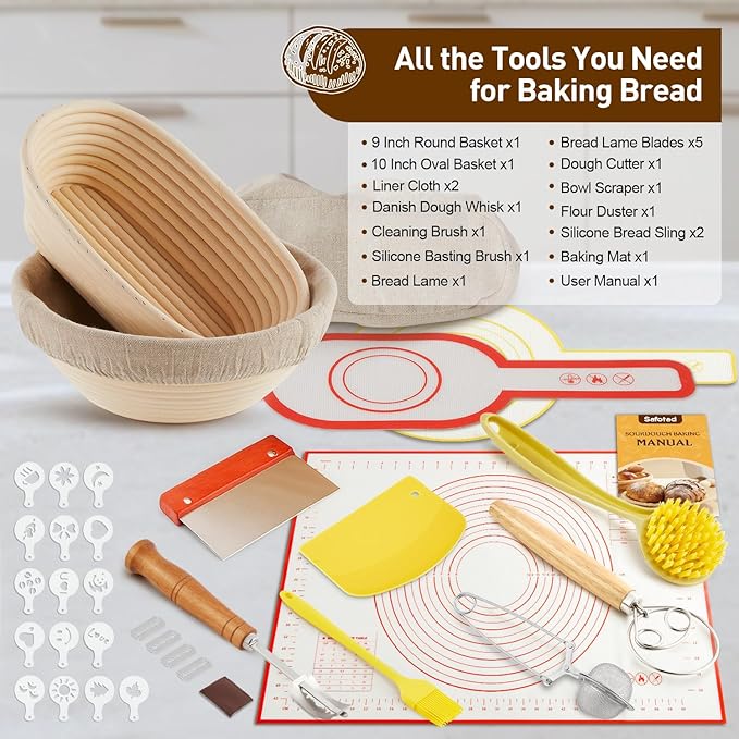 Banneton Bread Proofing Basket, Round and Oval Sourdough Starter Kit with Two Bread Slings and 27×19in Silicone Baking Mat Bread Making Tools Set, Gift for Family Lovers or Friends