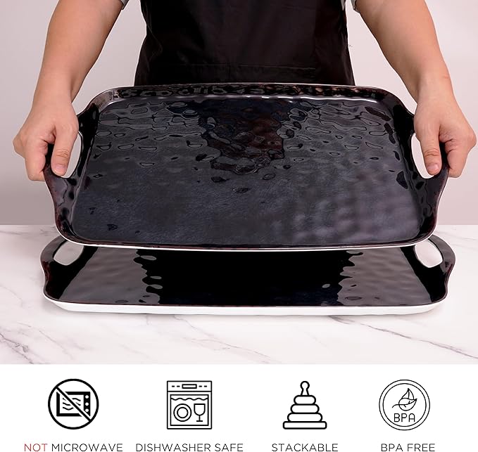 TP Serving Trays with Handles, 17 x 12 Inch Melamine Serving Platters for Food, Meat, Set of 2 Rectangular Trays for Eating, Retro Black