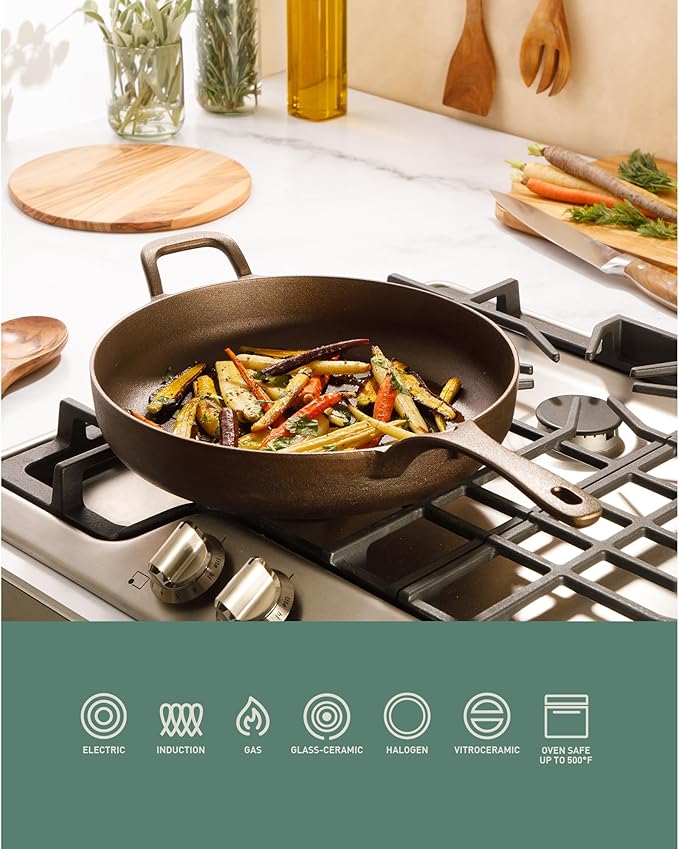 Bloomhouse Natural Bronze Finish 12-Inch Cast Iron Skillet with Long Handle, Helper Handle & Olive Wood Trivet – Olive Oil Treated Fry Pan, Oven & Stovetop Safe