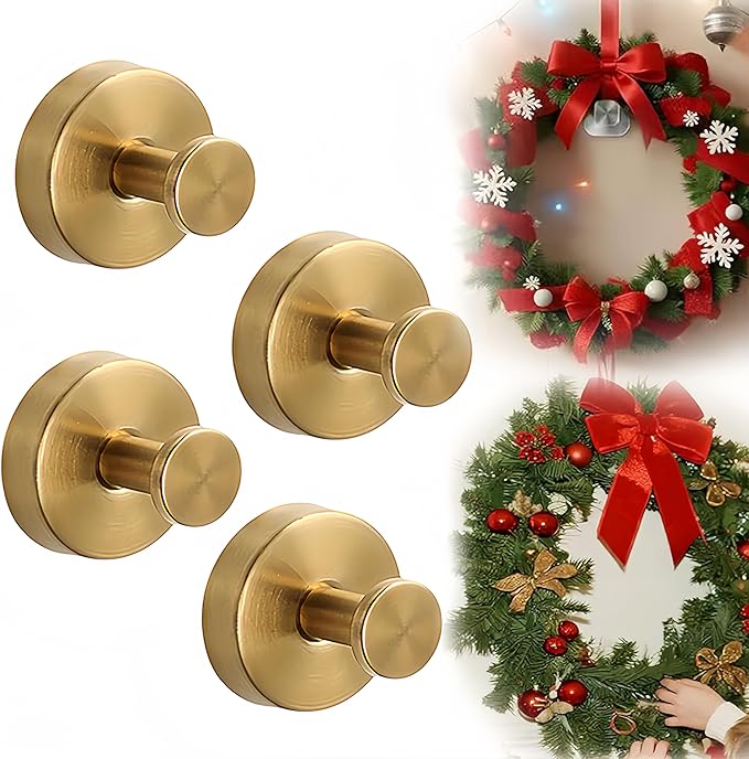 Suction Cup Hooks for Wreaths on Glass, 2026 Upgrade No Drill Towel Hooks Stainless Steel Waterproof Suction Cup Hooks, Wreath Hanger for Front Door for Kitchen, Bedroom (4, Gold)
