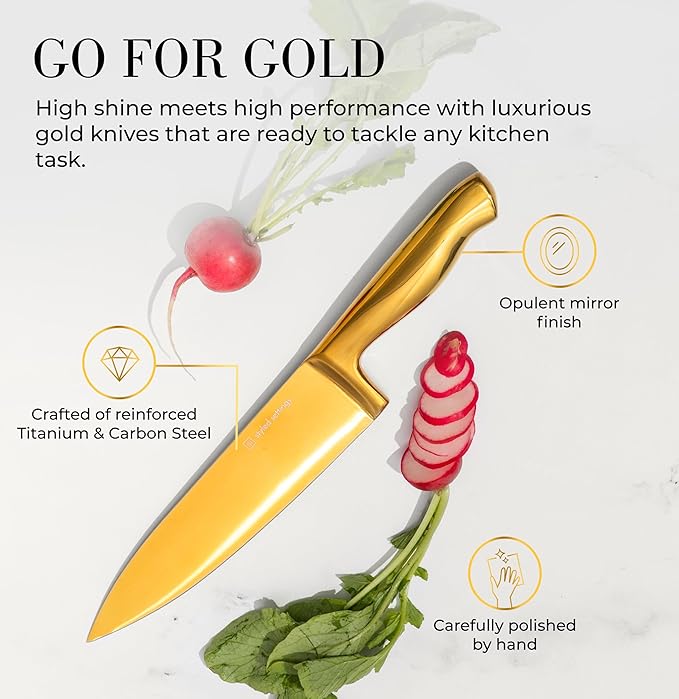 STYLED SETTINGS White and Gold Knife Set with Block – 14-PC Full Tang Titanium-Coated Stainless Steel Gold Knives and White Knife Block with Built-In Sharpener – Luxury Kitchen Accessories
