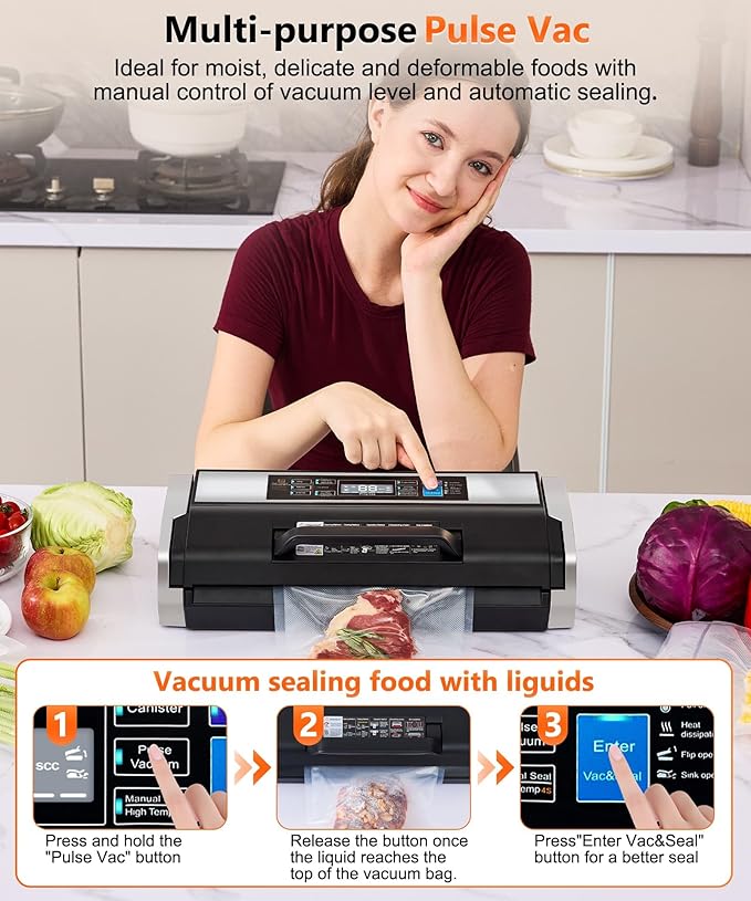 95kPa Vacuum Sealer Commercial Automatic Food Vacuum Sealer, 10-in-1 System, Auto Pop-Up Cover, Double Heat Seal, Easy-Lock Handle, Built-In Cutter with 1 Roll & 15 Bags, Black Silver