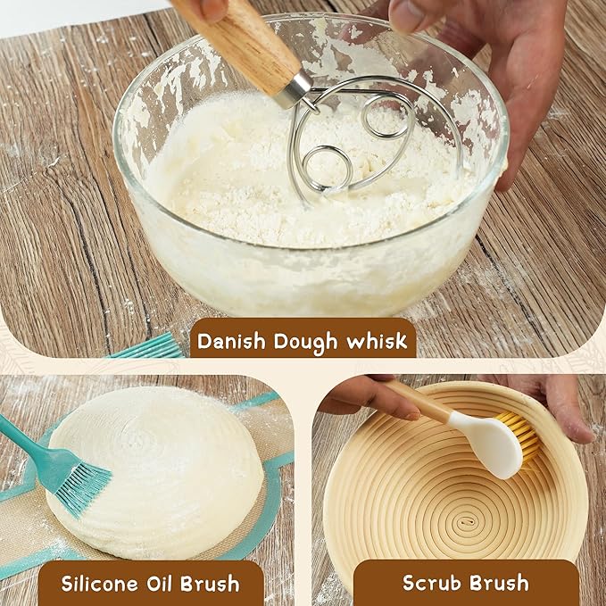 Sourdough Bread Baking Supplies Set, 10 Inch Oval Brotform & 9 Inch Round Banneton Bread Proofing Baskets with Linen Liner, Sourdough Starter Kit, Natural Rattan Shape Dough Proofing Bowl