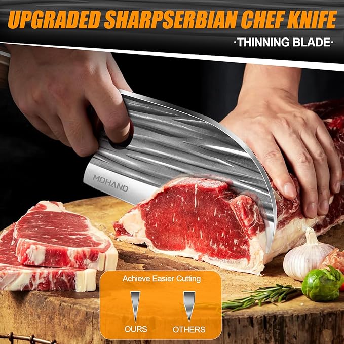 MDHAND 14PCS Professional Butcher Knife Set with Roll Bag, Hand Forged Serbian Chef Knife Set, Heavy Duty Meat Cleaver Knives, Boning Knife, Meat Cutting Knife for Kitchen, Gift for Men, BBQ, Camping